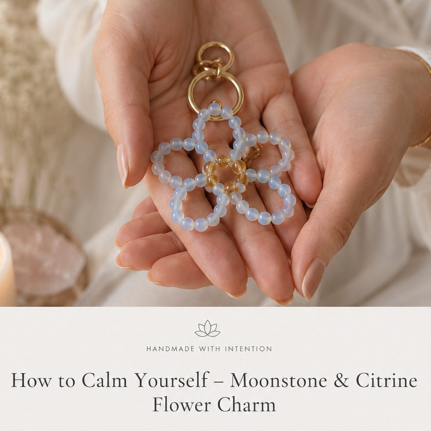 Crystal flower keychain with moonstone and citrine gemstones handmade with intention