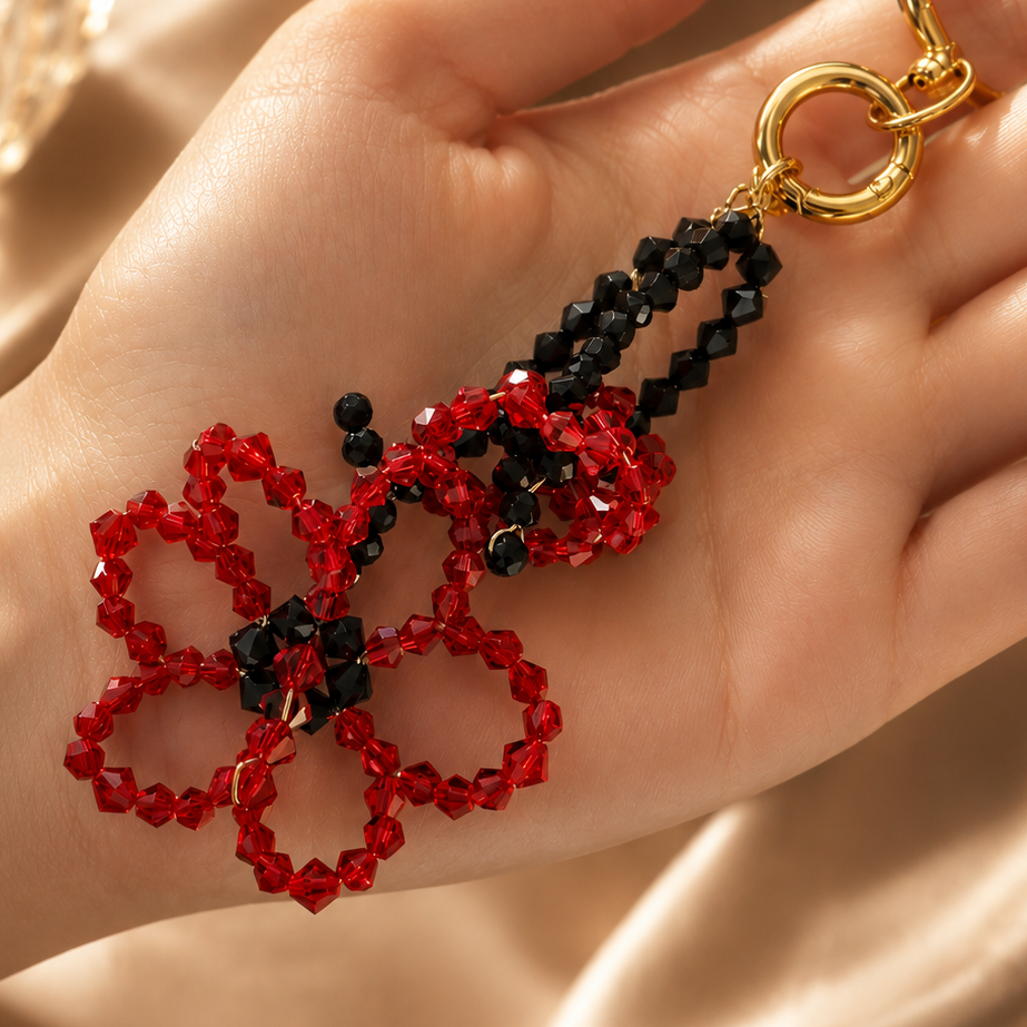 Crystal flower purse charm with black tourmaline center gemstone