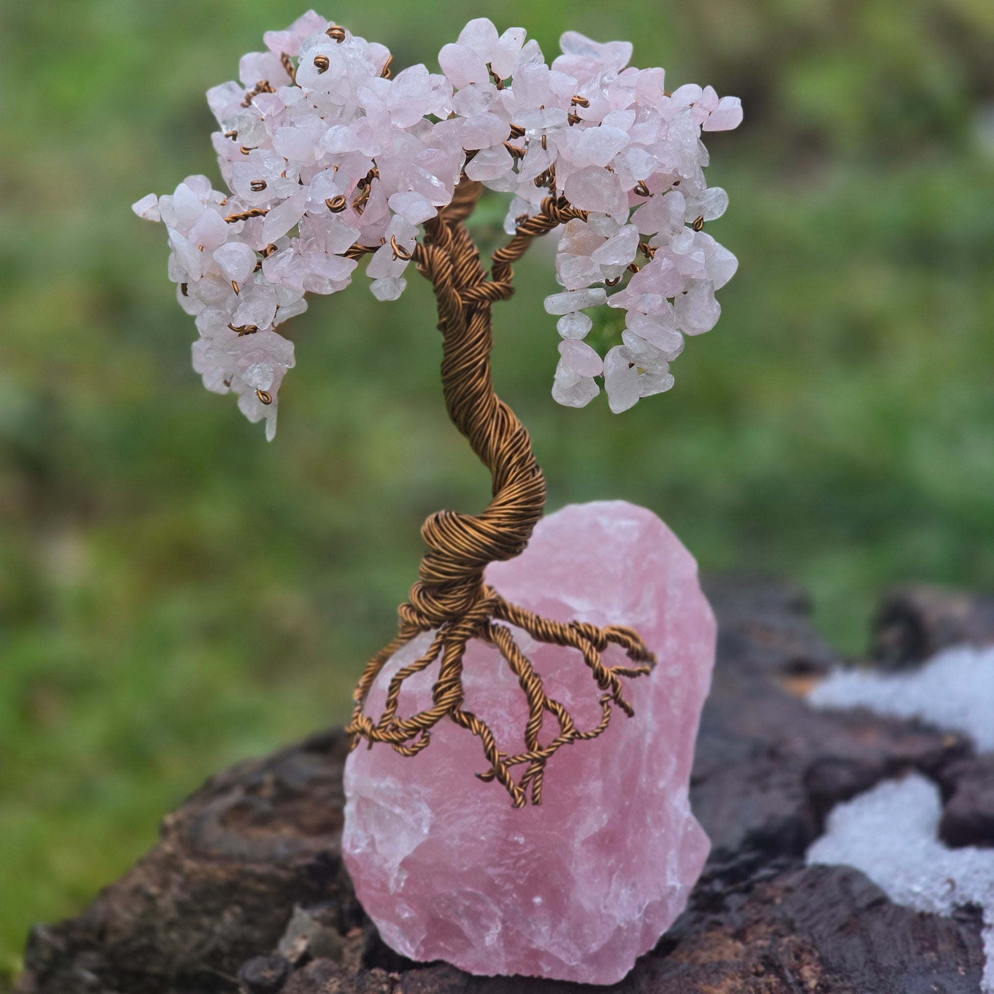 Tree of Life rose quartz crystal tree with raw rose quartz base – handmade gemstone decor