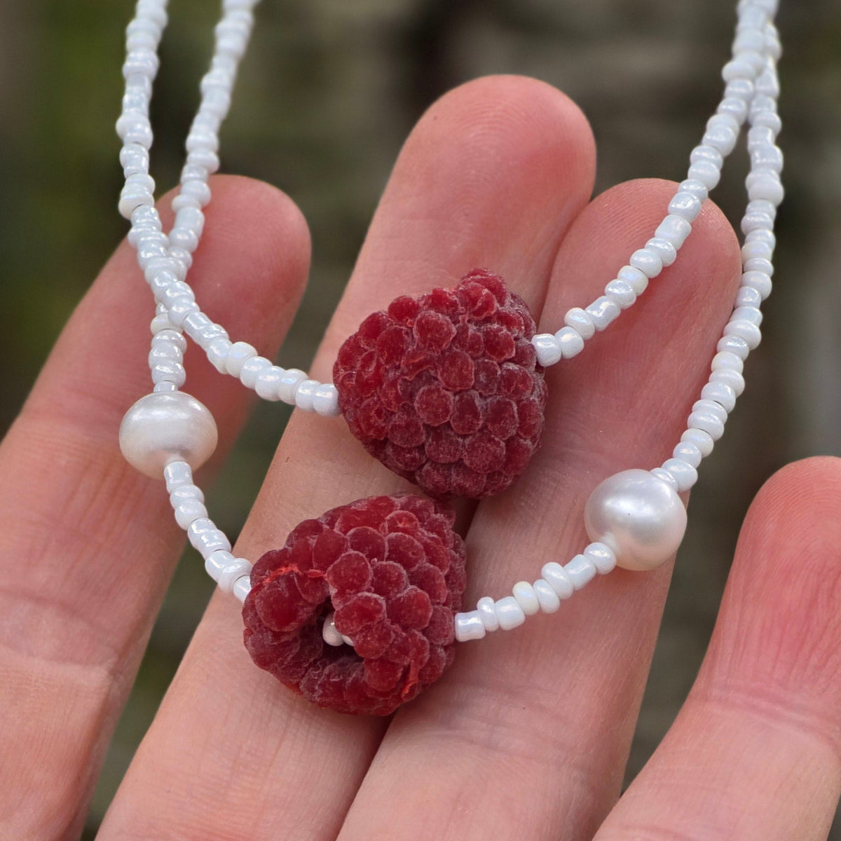 Dainty white raspberry choker with natural pearls