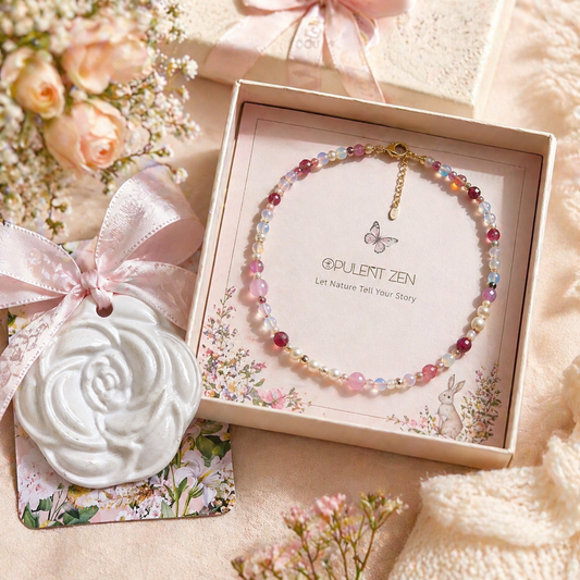 Gemstone gift set for girls with necklace and ceramic rose, meaningful handmade gift for daughter