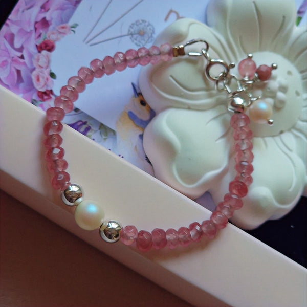 Handmade bracelet with pink tourmaline beads and extender chain