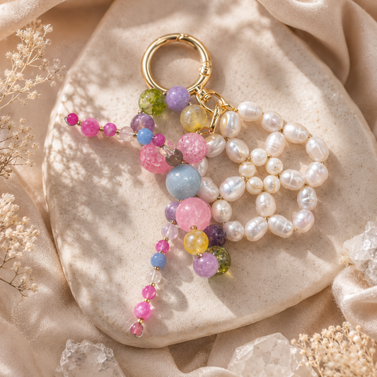Luxury gemstone purse charm handcrafted with natural freshwater pearls
Spiritual pearl flower accessory for phone bag or keychain