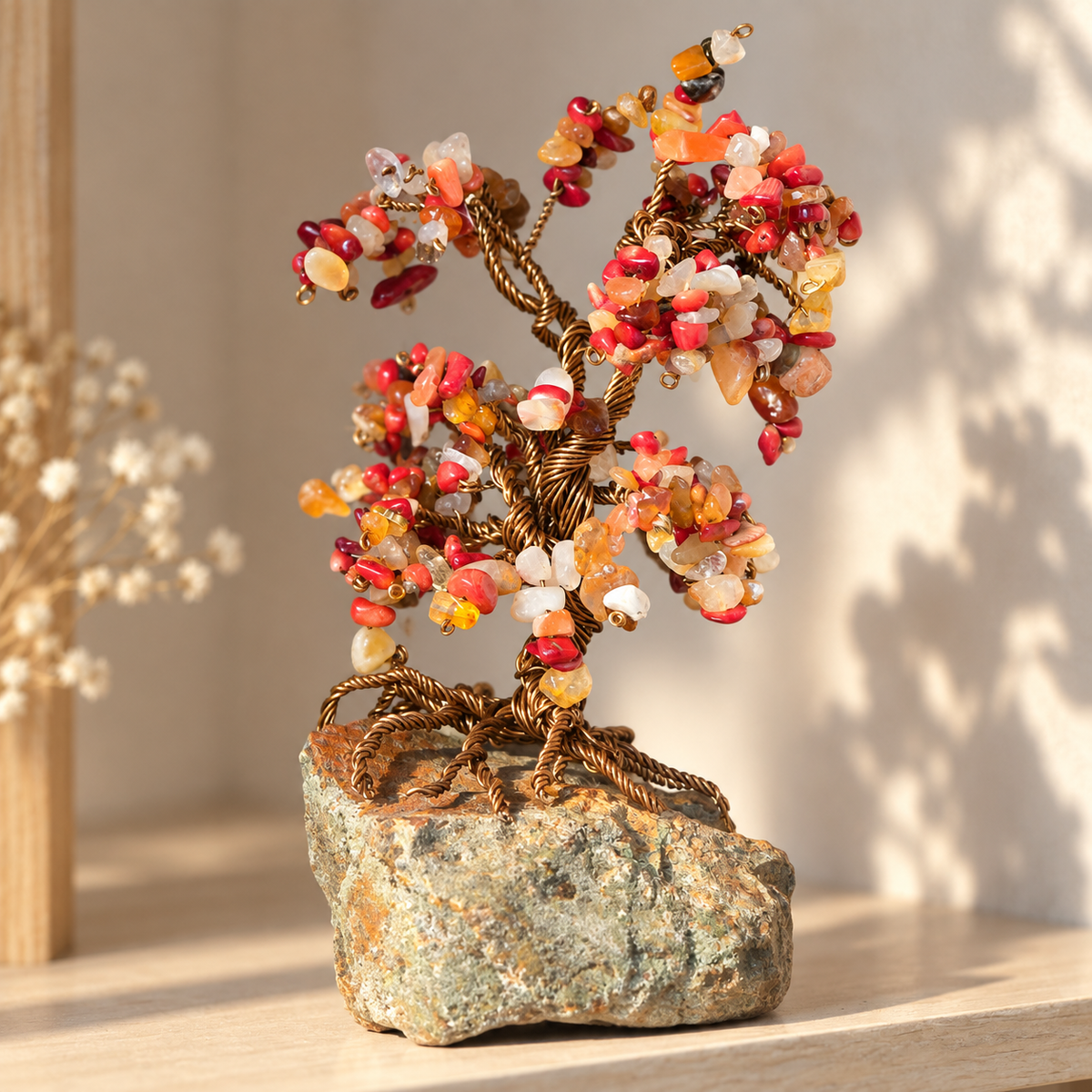 Handmade Carnelian and Coral gemstone tree sculpture with copper wire
