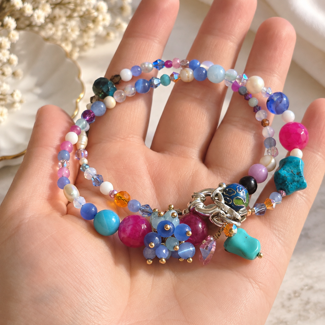 Girls gemstone necklace with natural stones pearls and Swarovski crystals