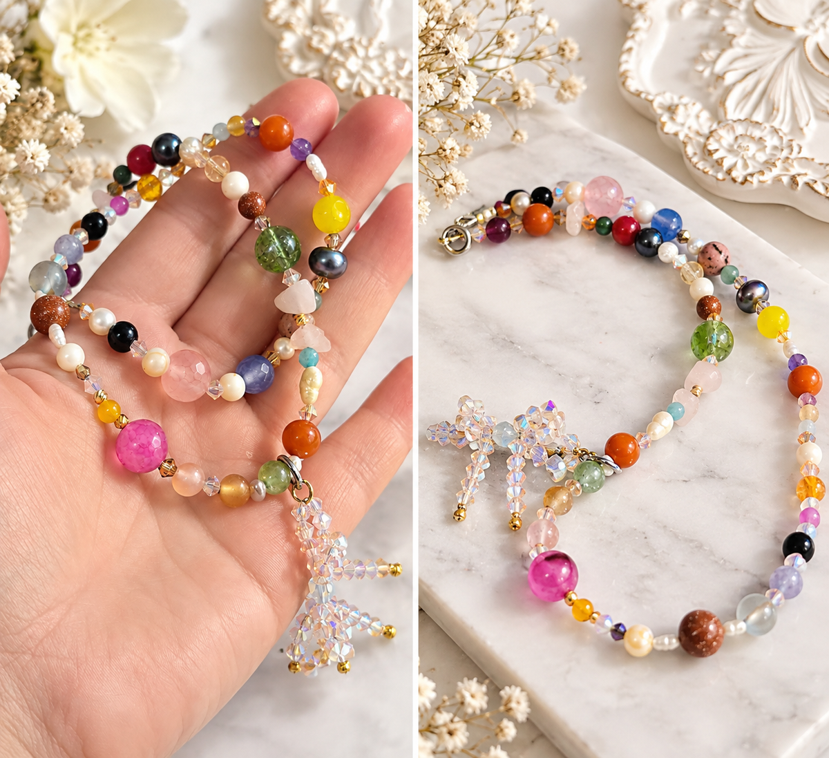 Girls gemstone and pearl necklace with Swarovski crystals by SIVONA