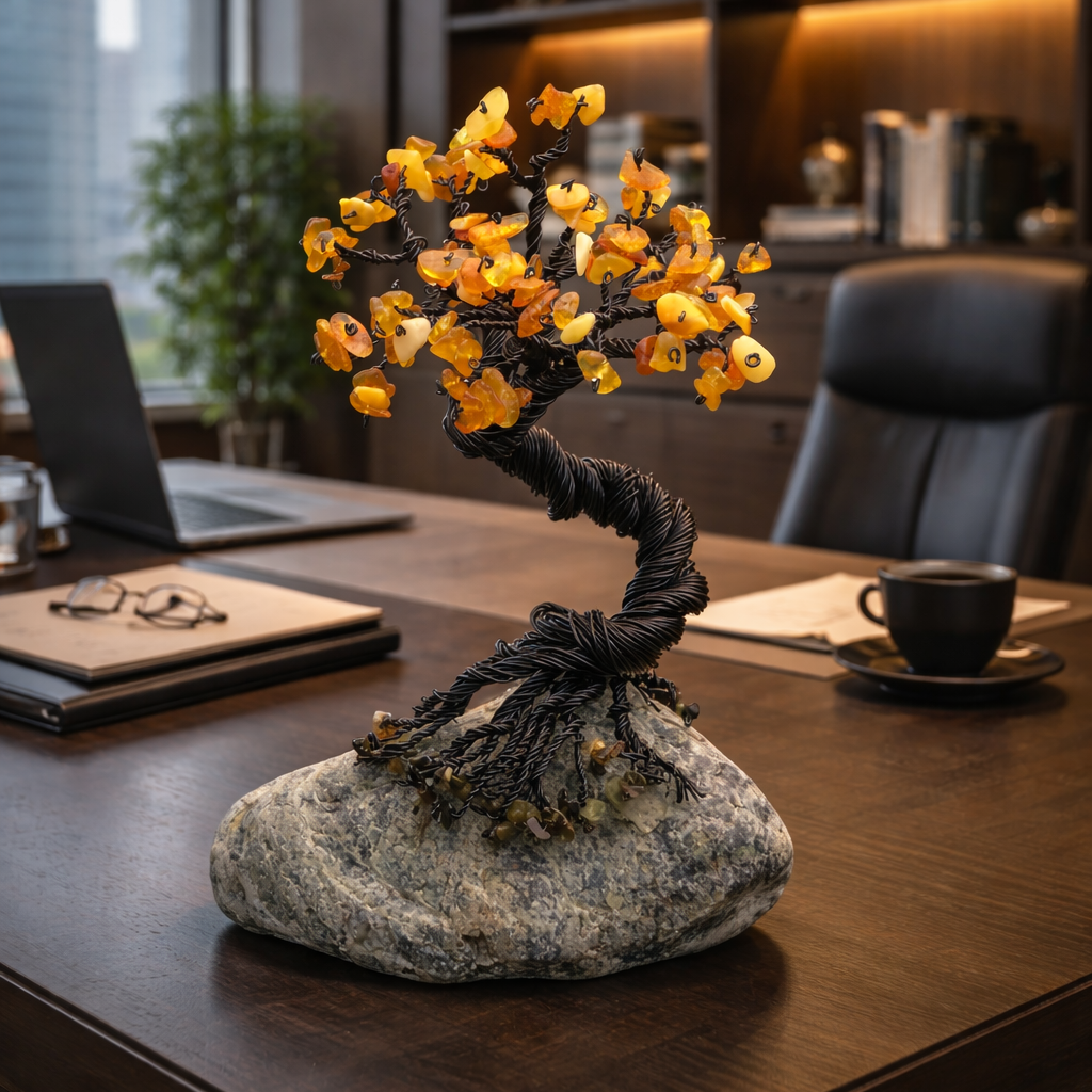 handmade amber gemstone tree with twisted wire trunk and natural stone base