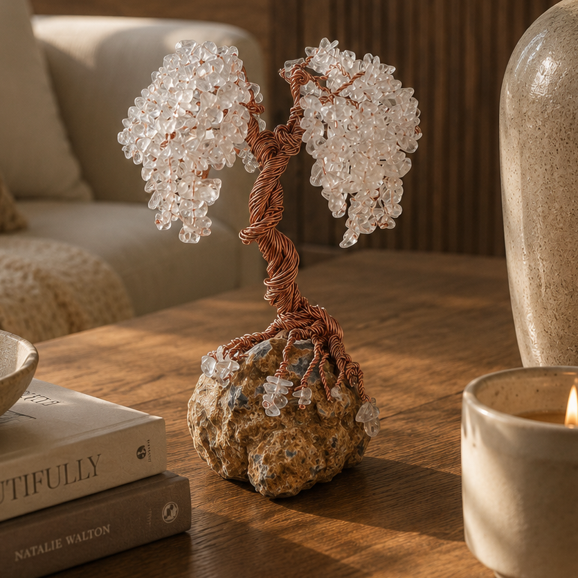 Handmade Clear Quartz Tree Sculpture on natural Rhodope stone with genuine crystal gemstones
Luxury Crystal Tree of Life sculpture handcrafted with Clear Quartz on natural mineral base