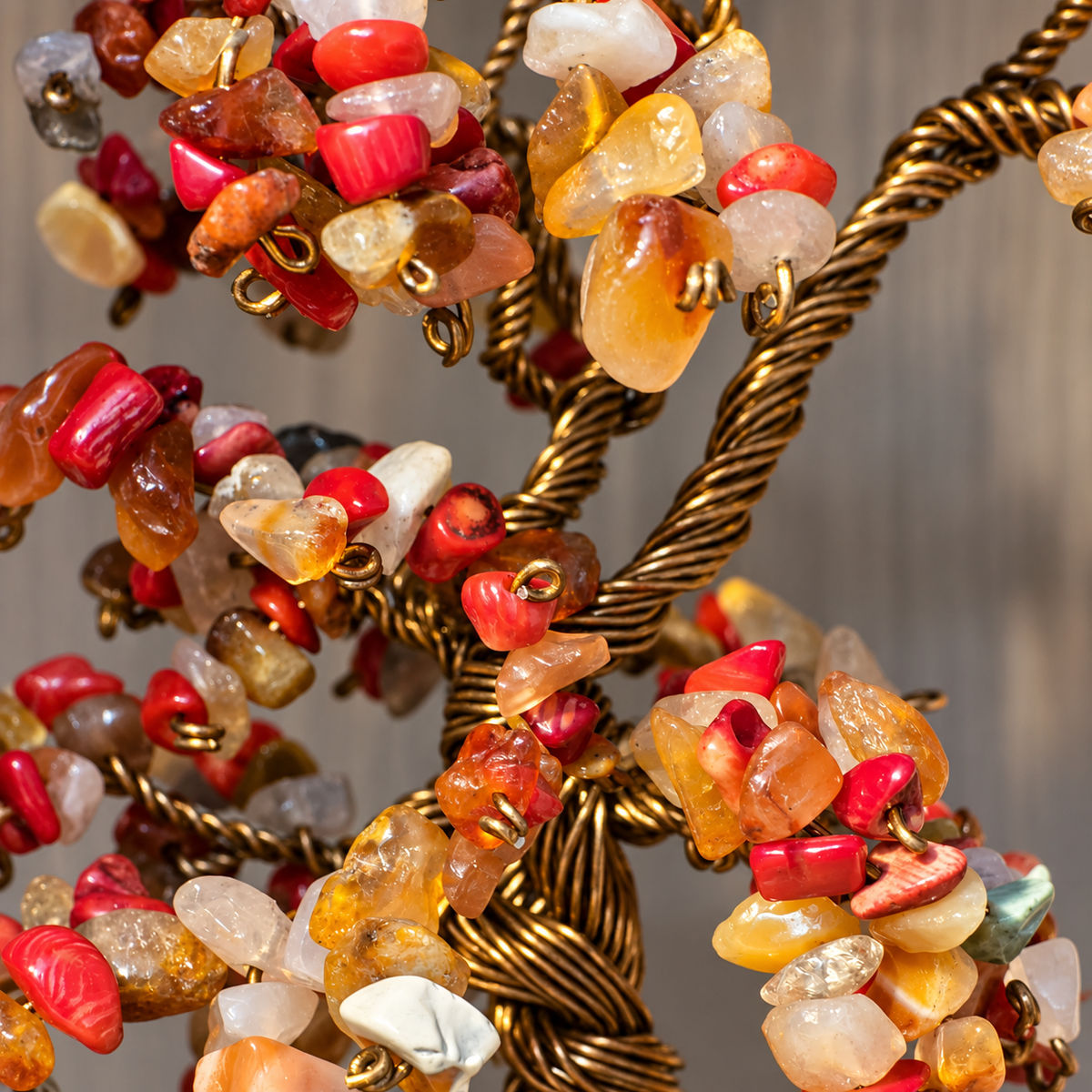 Natural Carnelian and Coral gemstones on handmade Crystal Tree of Life
