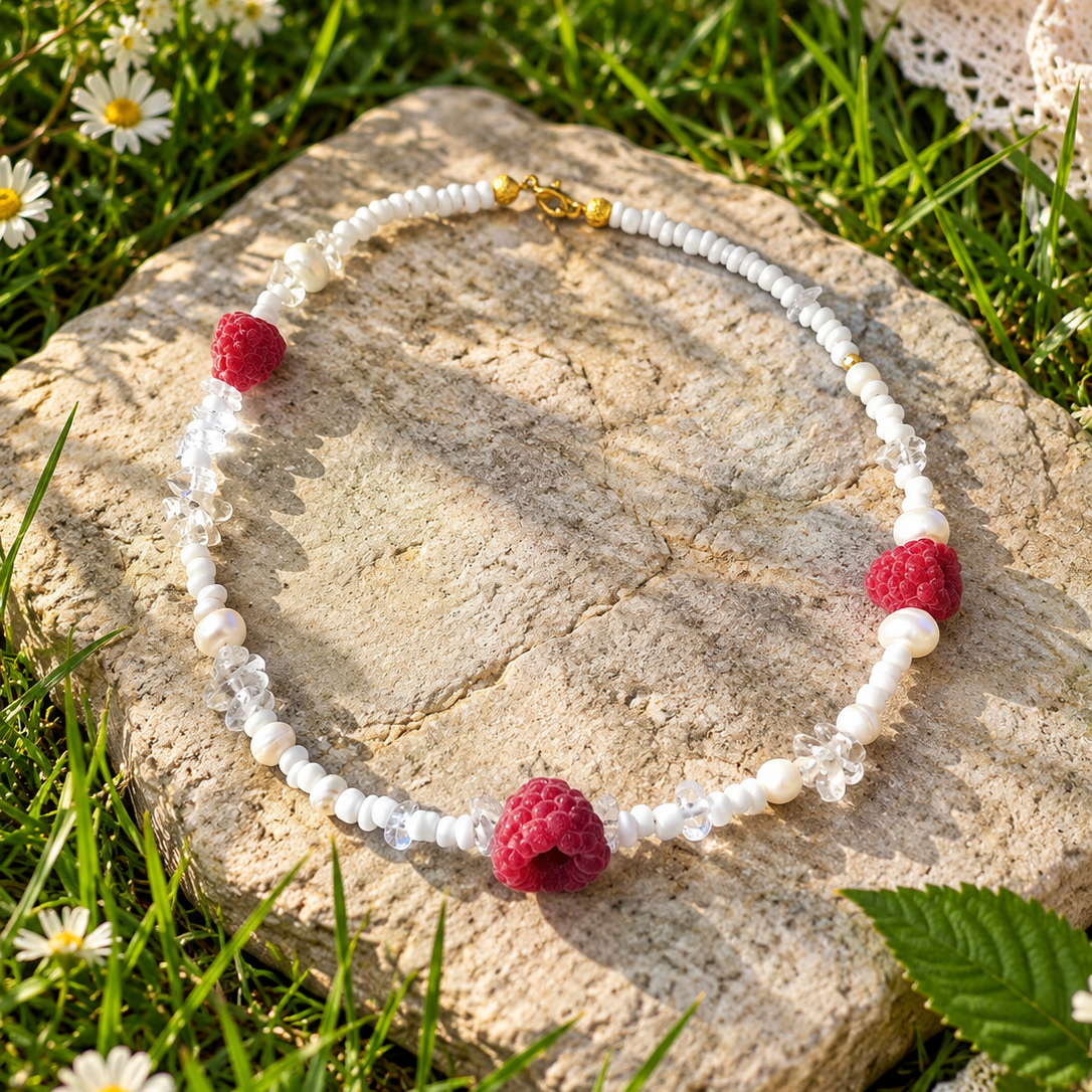 Handmade fruit necklace with three realistic polymer clay raspberries