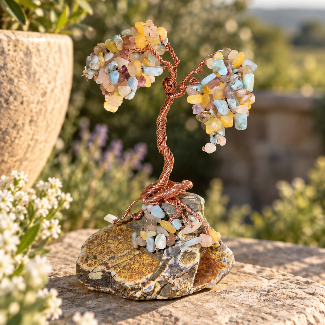 Handmade Larimar gemstone Tree of Life with natural Rhodope mineral base