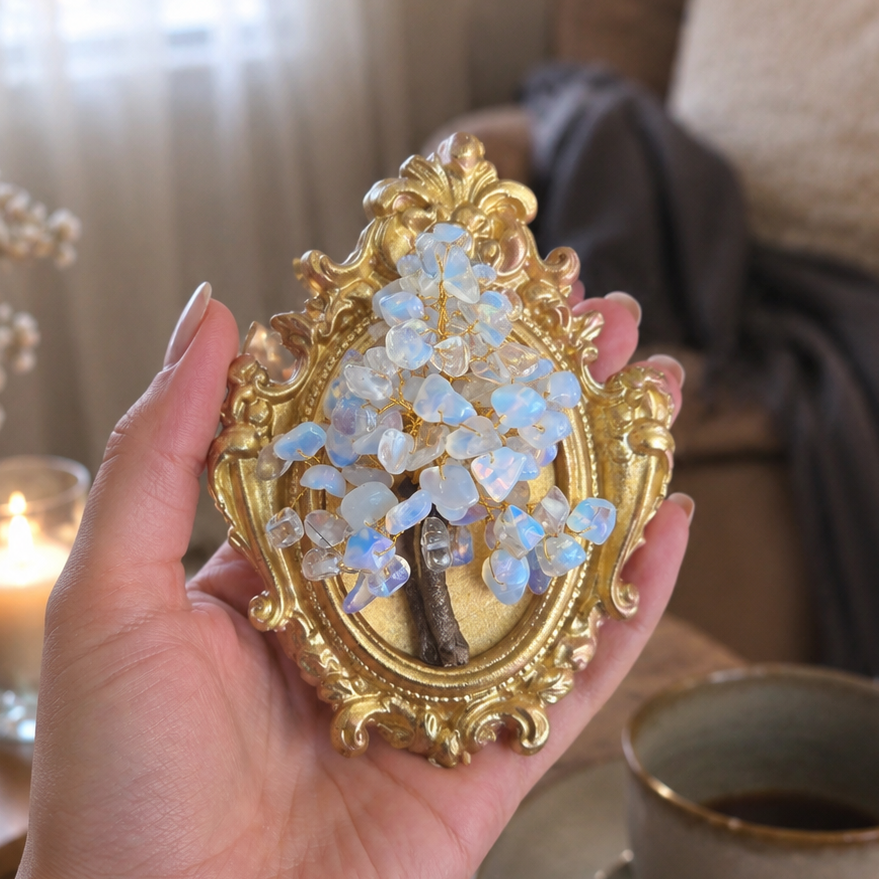 Handmade Moonstone Crystal Tree of Life with natural gemstones and gold frame