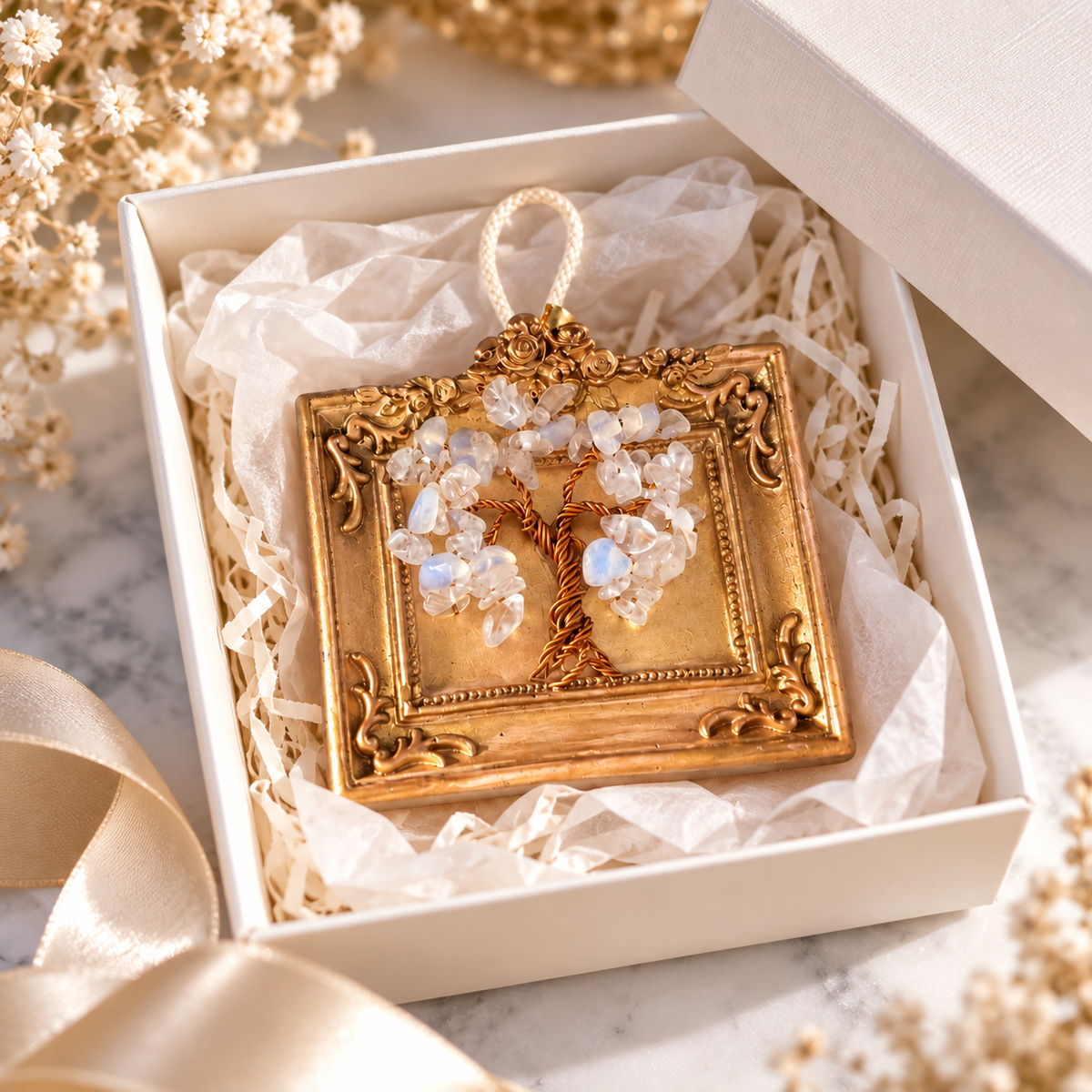 Handmade Moonstone Tree of Life in artisan frame – small gemstone wall art
