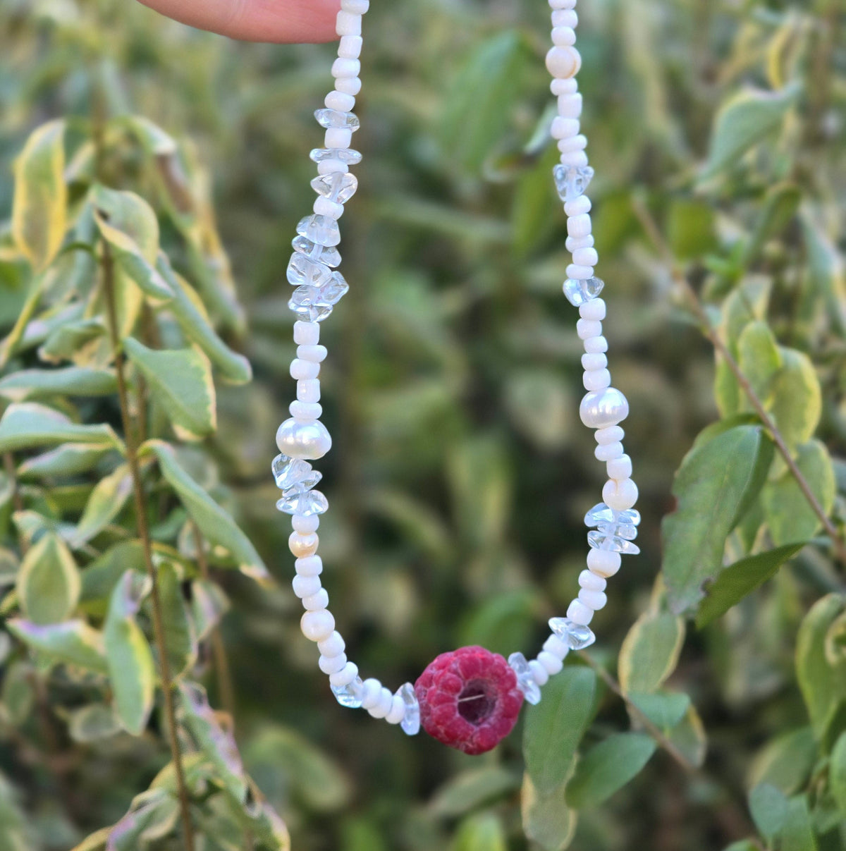 Handmade raspberry necklace with natural pearls and clear quartz