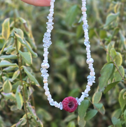 Handmade raspberry necklace with natural pearls and clear quartz