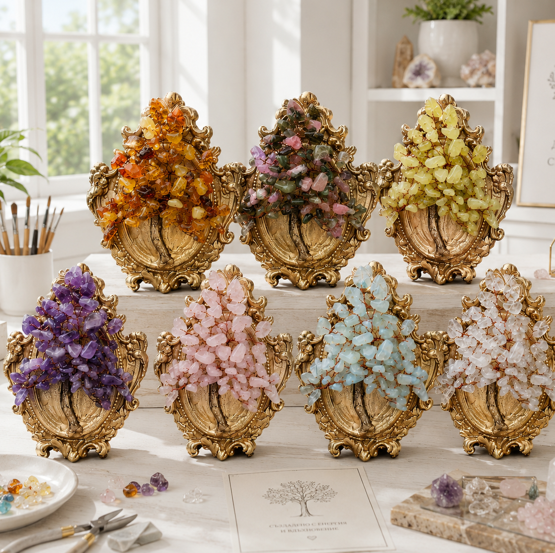 Luxury moonstone crystal decor tree handcrafted with natural gemstones and ceramic frame