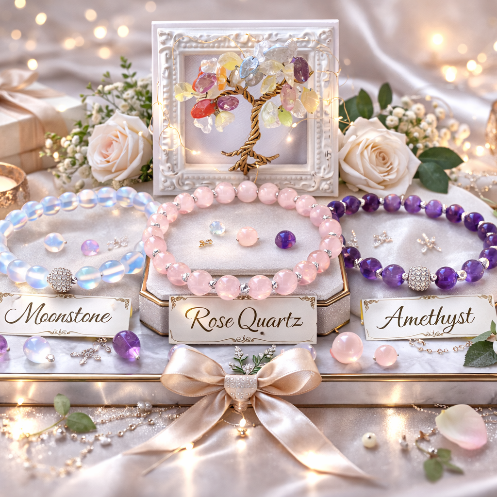 healing crystal bracelet set with rose quartz moonstone amethyst and tree of life talisman