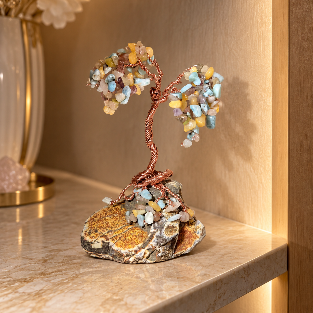 Larimar Crystal Tree of Life handmade gemstone sculpture for home decor