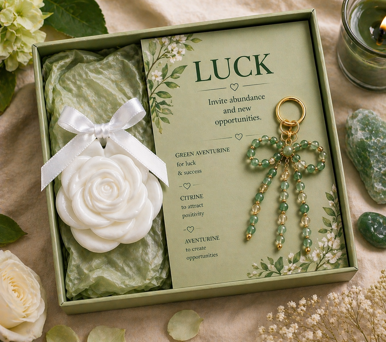 luck crystal gift set with green aventurine bag charm and card
abundance gemstone gift for her with aventurine and citrine
