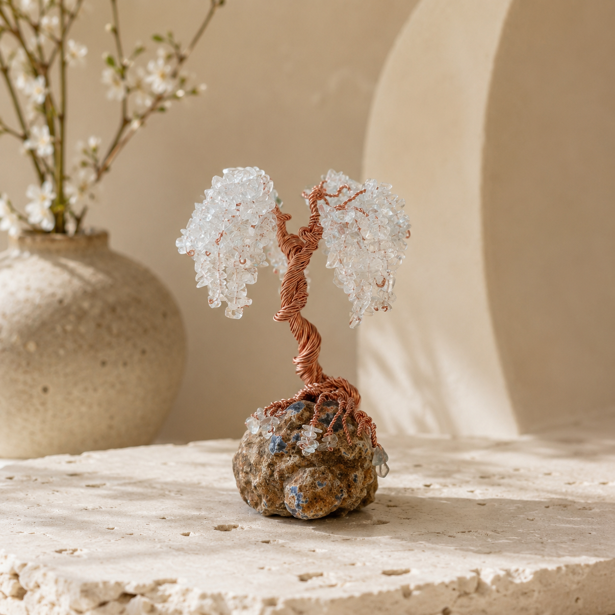 Handmade Clear Quartz Tree Sculpture on natural Rhodope stone with genuine crystal gemstones
Luxury Crystal Tree of Life sculpture handcrafted with Clear Quartz on natural mineral base
