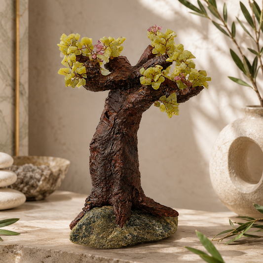 Peridot crystal tree sculpture symbolizing prosperity, abundance and growth – handmade luxury gemstone décor approximately 20 cm tall
