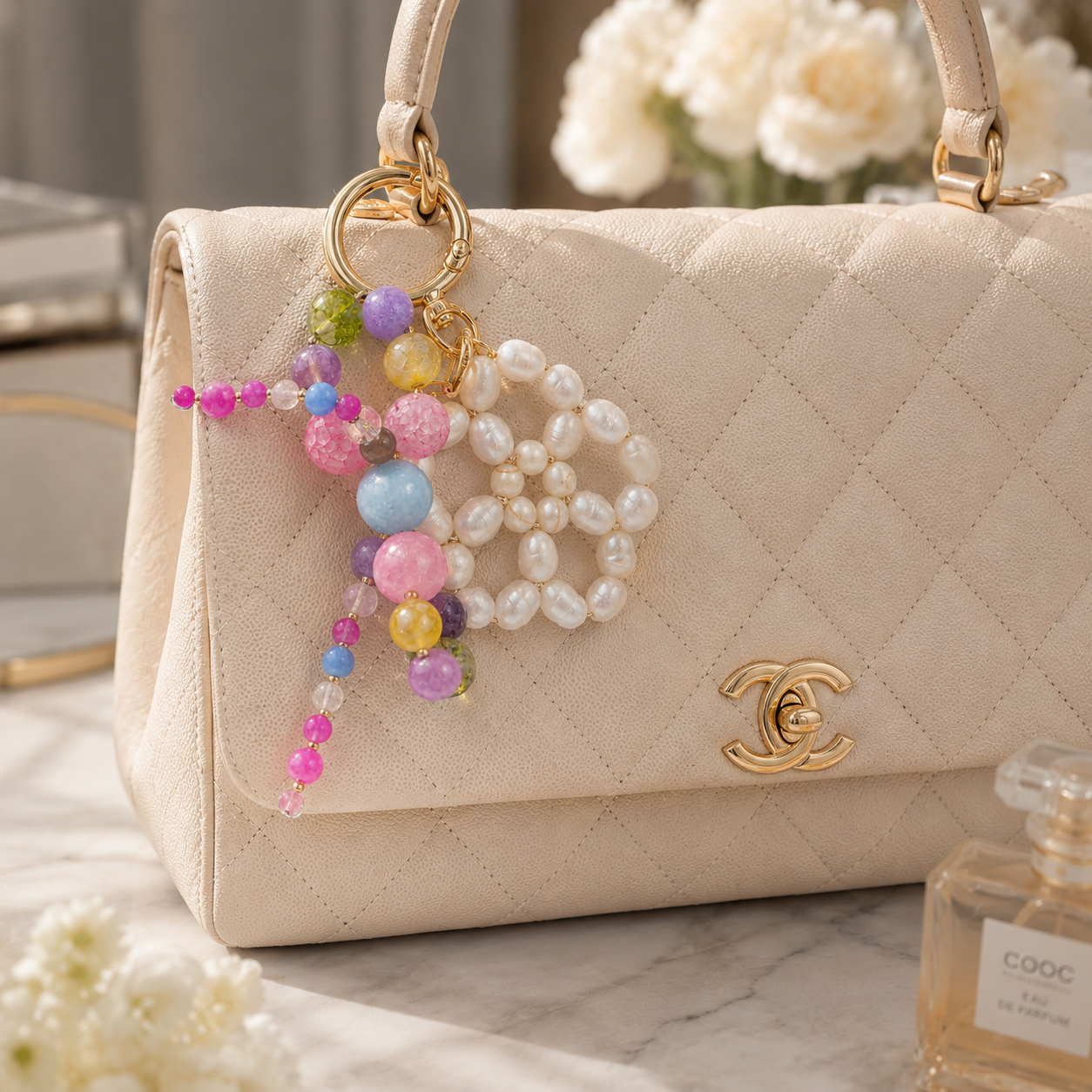 Luxury pearl flower phone charm handmade with natural healing crystals