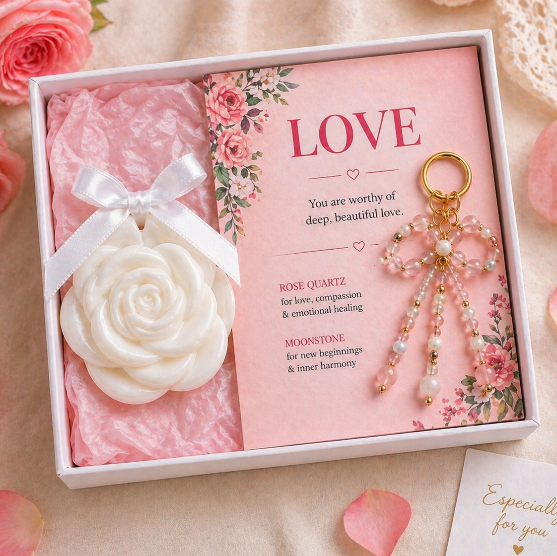 rose quartz gemstone bag charm gift set for her handmade jewelry
meaningful crystal gift for her with rose quartz love theme