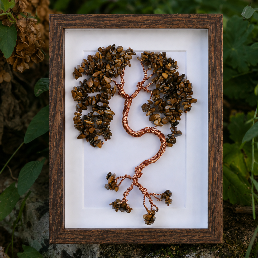 Handmade Tiger Eye Tree of Life wall art with genuine natural gemstones – meaningful gift for him