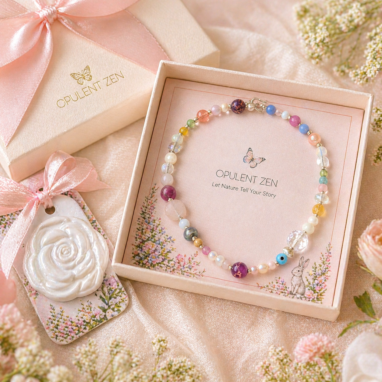 Gemstone gift set for girl in box with necklace and ceramic rose Meaningful gift set for girls with gemstone necklace and ceramic rose, unique gift for daughter
