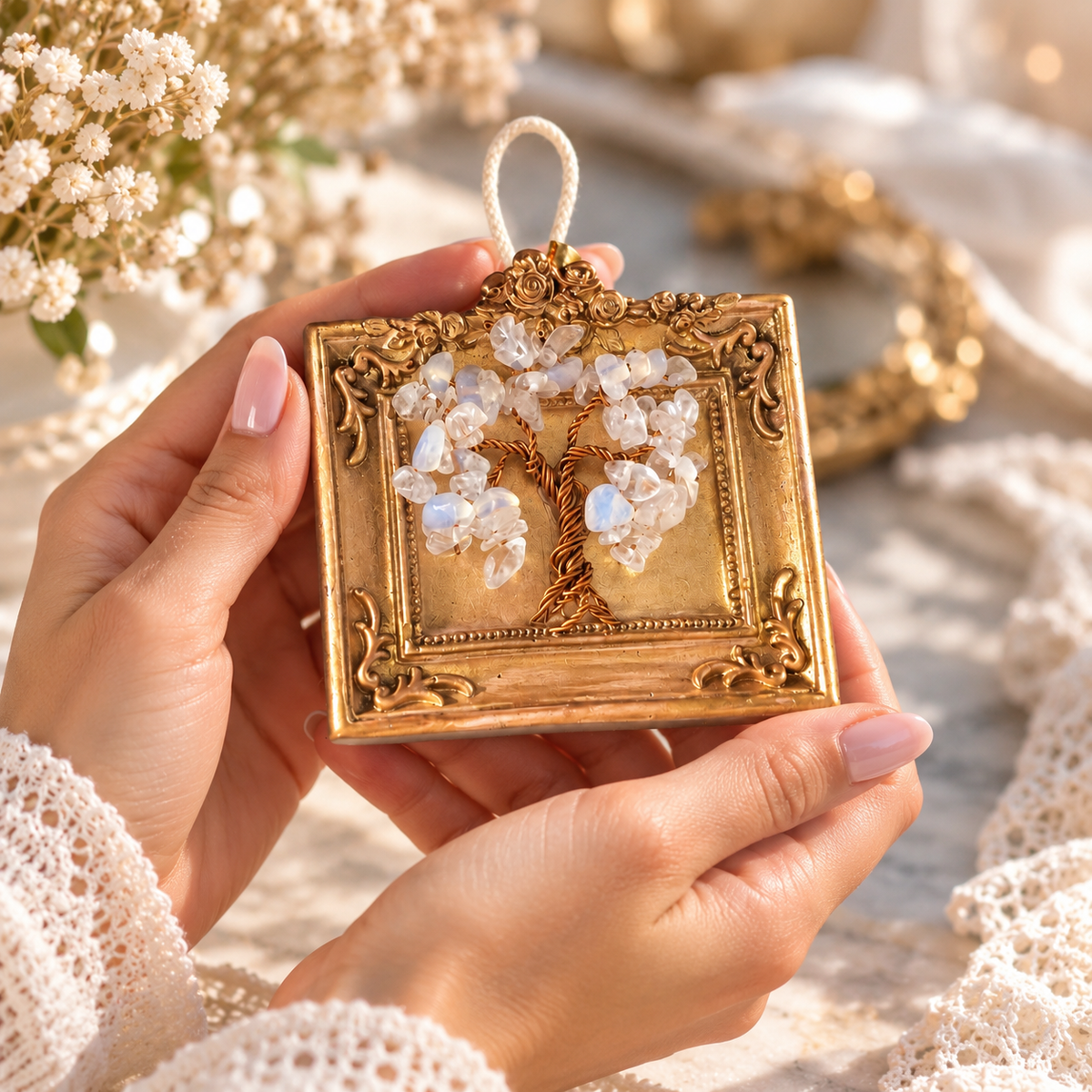 Miniature Moonstone Tree of Life in gift box – handmade gemstone gift