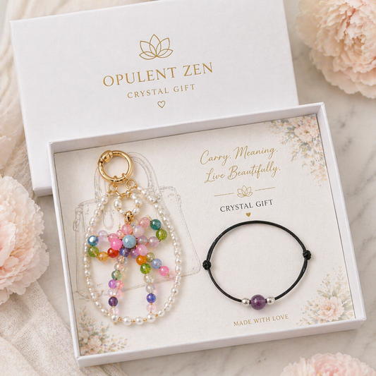 mixed gemstone crystal gift set with pearl amethyst rose quartz agate bag charm and bracelet
