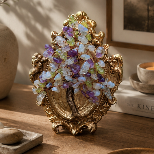 Handmade mixed gemstone petite crystal tree with antique gold ceramic frame luxury home decor