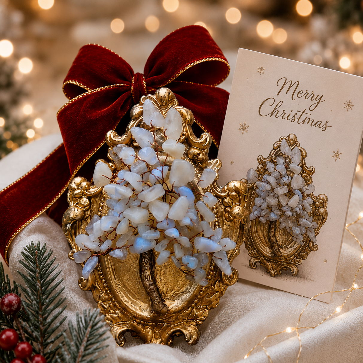 Moonstone Crystal Tree of Life handmade luxury Christmas gift in ornate gold frame