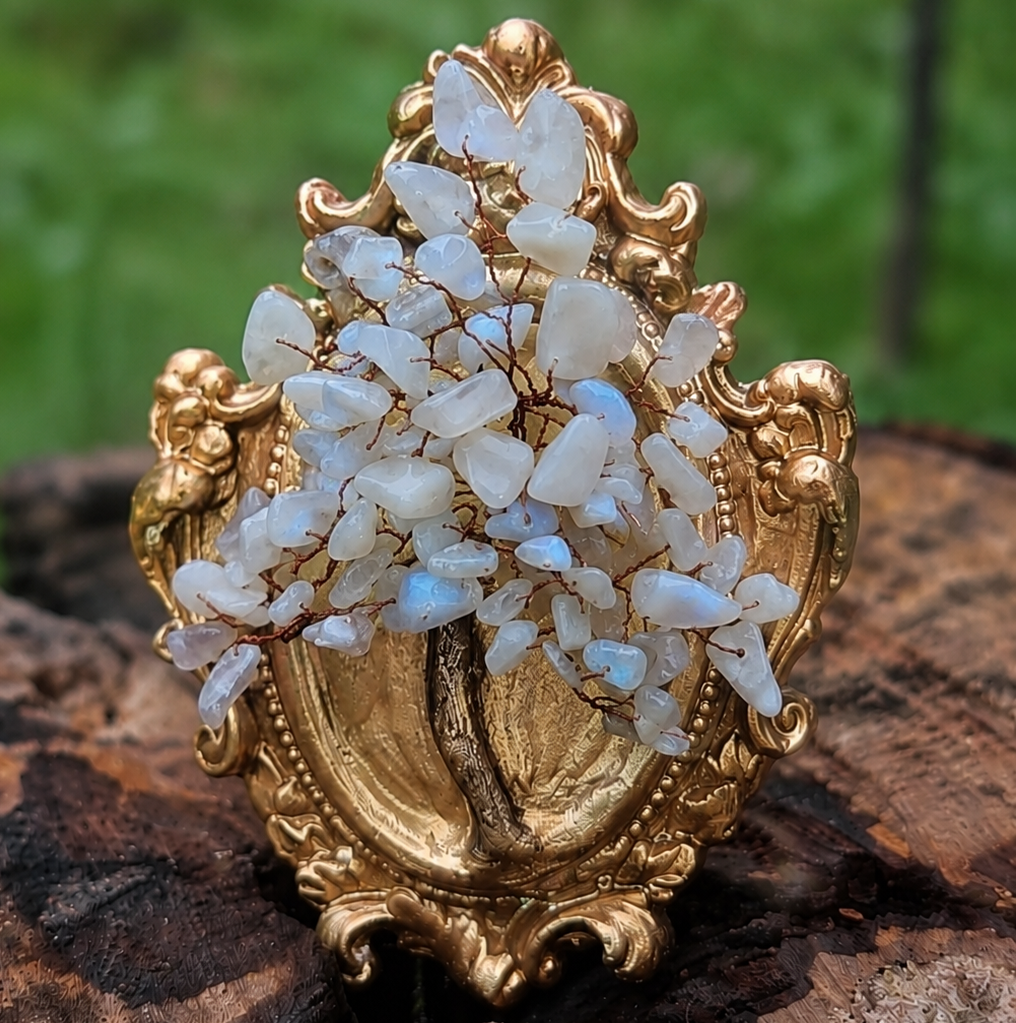 Moonstone crystal tree sculpture for feminine home decor and calming interior styling