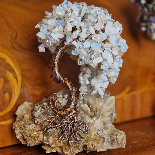 Bohemian-style handmade Tree of Life with Moonstone and Clear Quartz crystals, set on a white quartz base, 26 cm tall – spiritual home decor for healing and positive energy