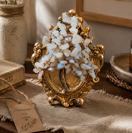 Handmade moonstone petite crystal tree with antique gold ceramic frame luxury gemstone decor