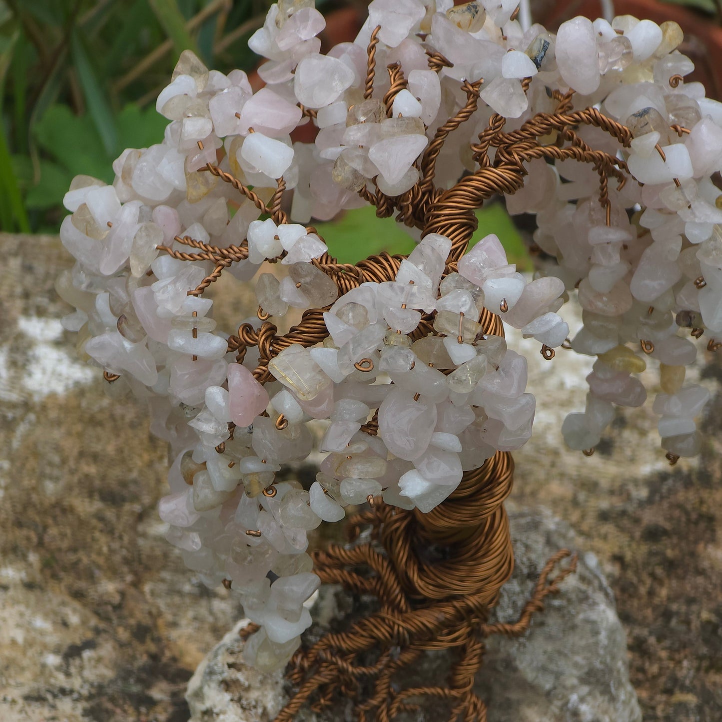 one of a kind crystal tree gift with rose quartz and white quartz