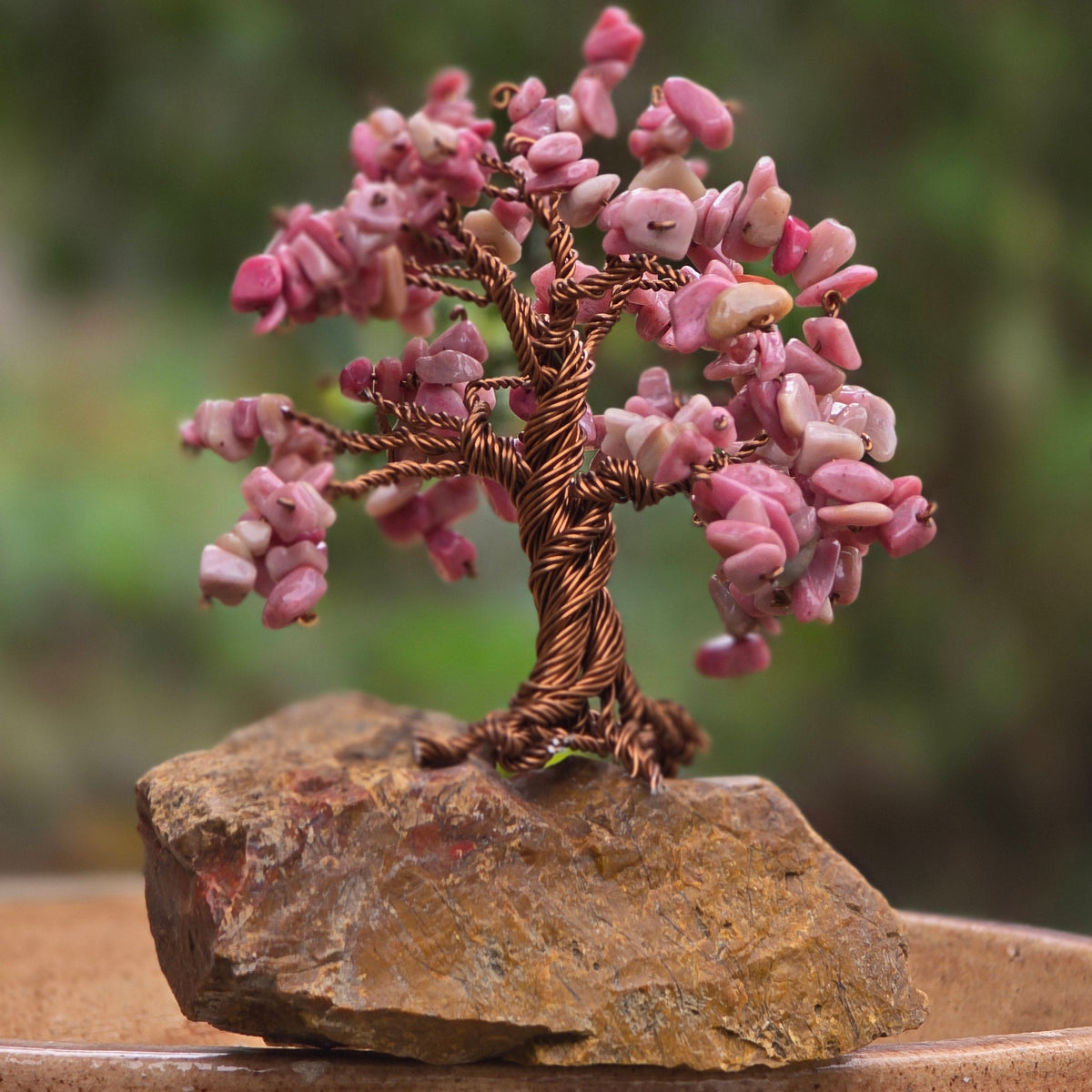 One-of-a-kind Rhodonite gemstone tree sculpture 14 cm