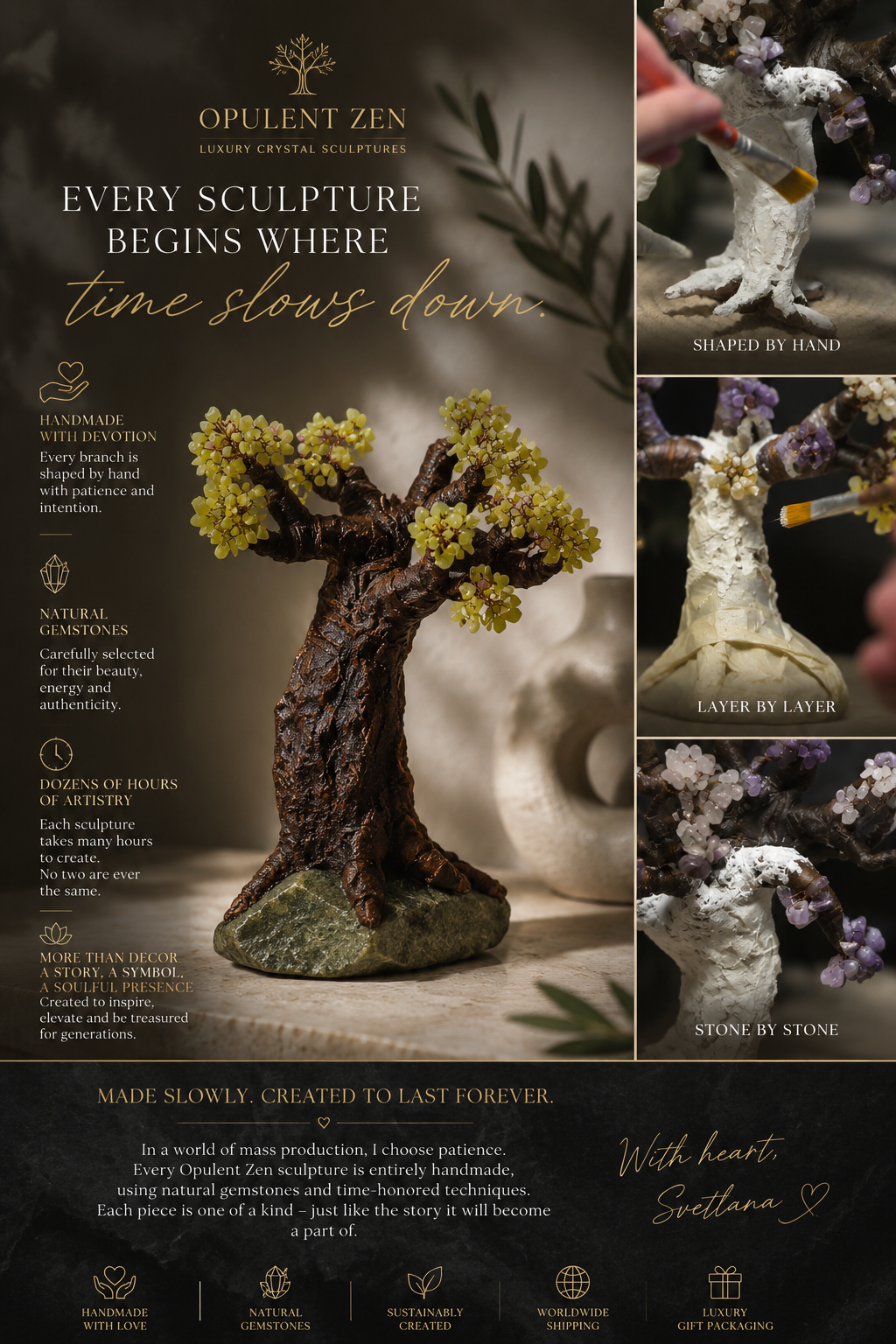 Artisan Peridot crystal tree sculpture symbolizing prosperity, abundance and growth – handmade luxury gemstone décor approximately 20 cm tall