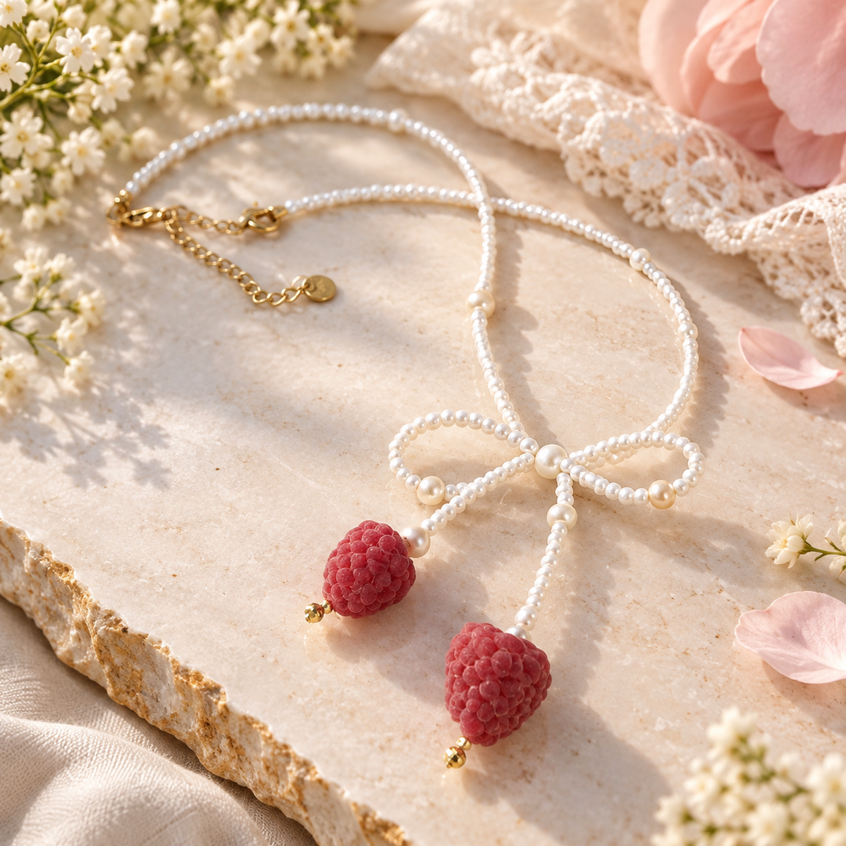 Handmade pearl necklace with raspberry charms– gift for girl