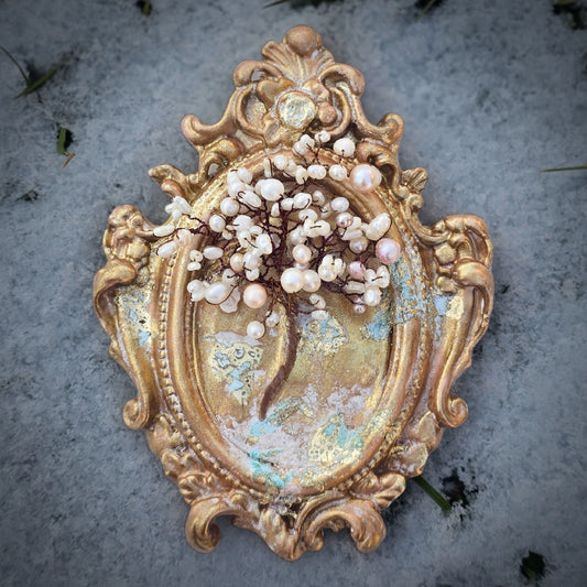 Handmade Pearl Tree of Life sculpture with natural pearls in an ornate gold ceramic frame, spiritual crystal decor symbolizing purity, harmony and emotional healing