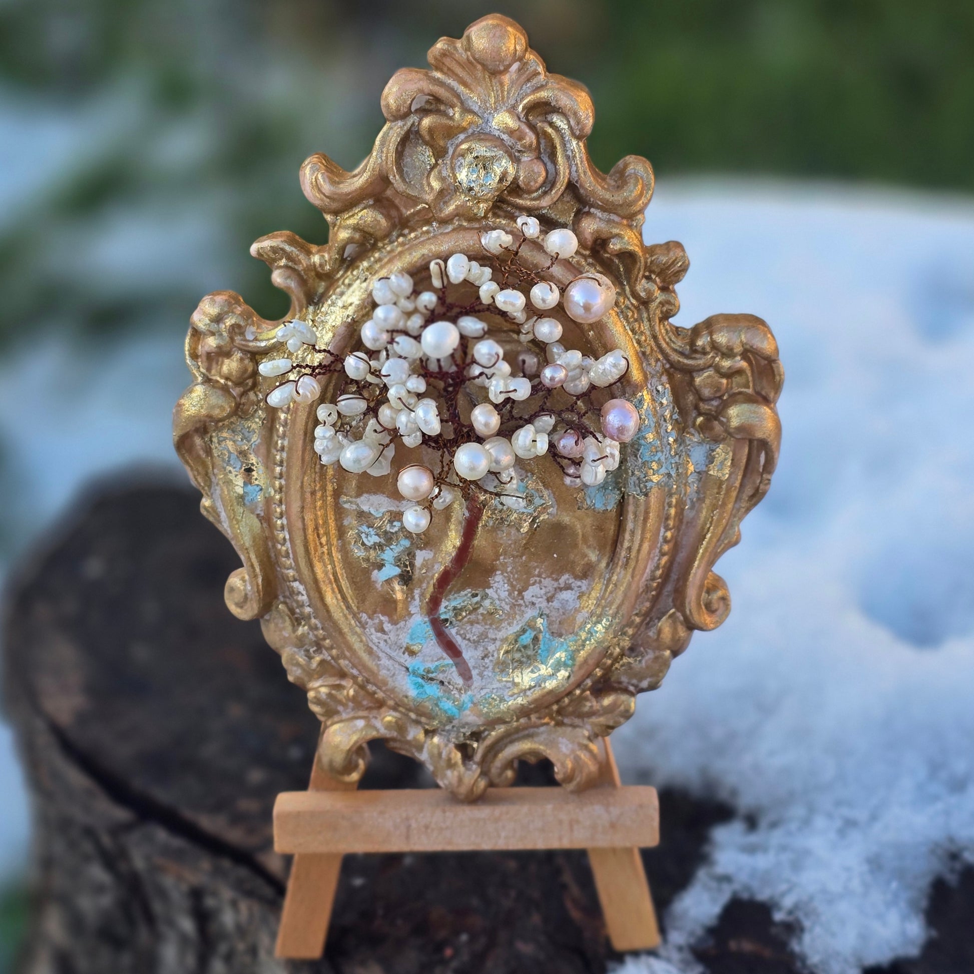 Handmade Pearl Tree of Life sculpture with natural pearls in an ornate gold ceramic frame, spiritual crystal decor symbolizing purity, harmony and emotional healing
