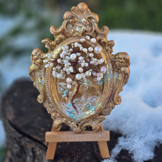 Handmade Pearl Tree of Life sculpture with natural pearls in an ornate gold ceramic frame, spiritual crystal decor symbolizing purity, harmony and emotional healing
