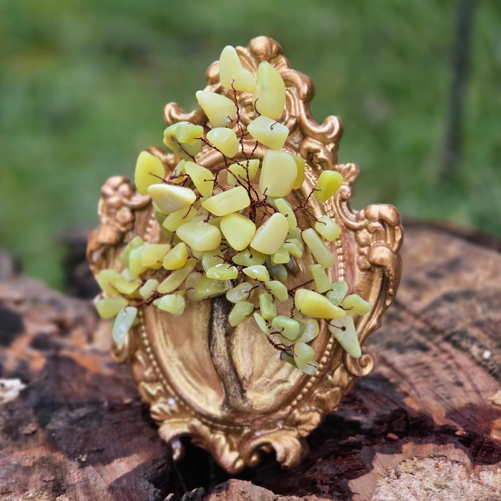 Handmade Peridot Tree of Life crystal art in ceramic baroque frame unique gemstone wall decor