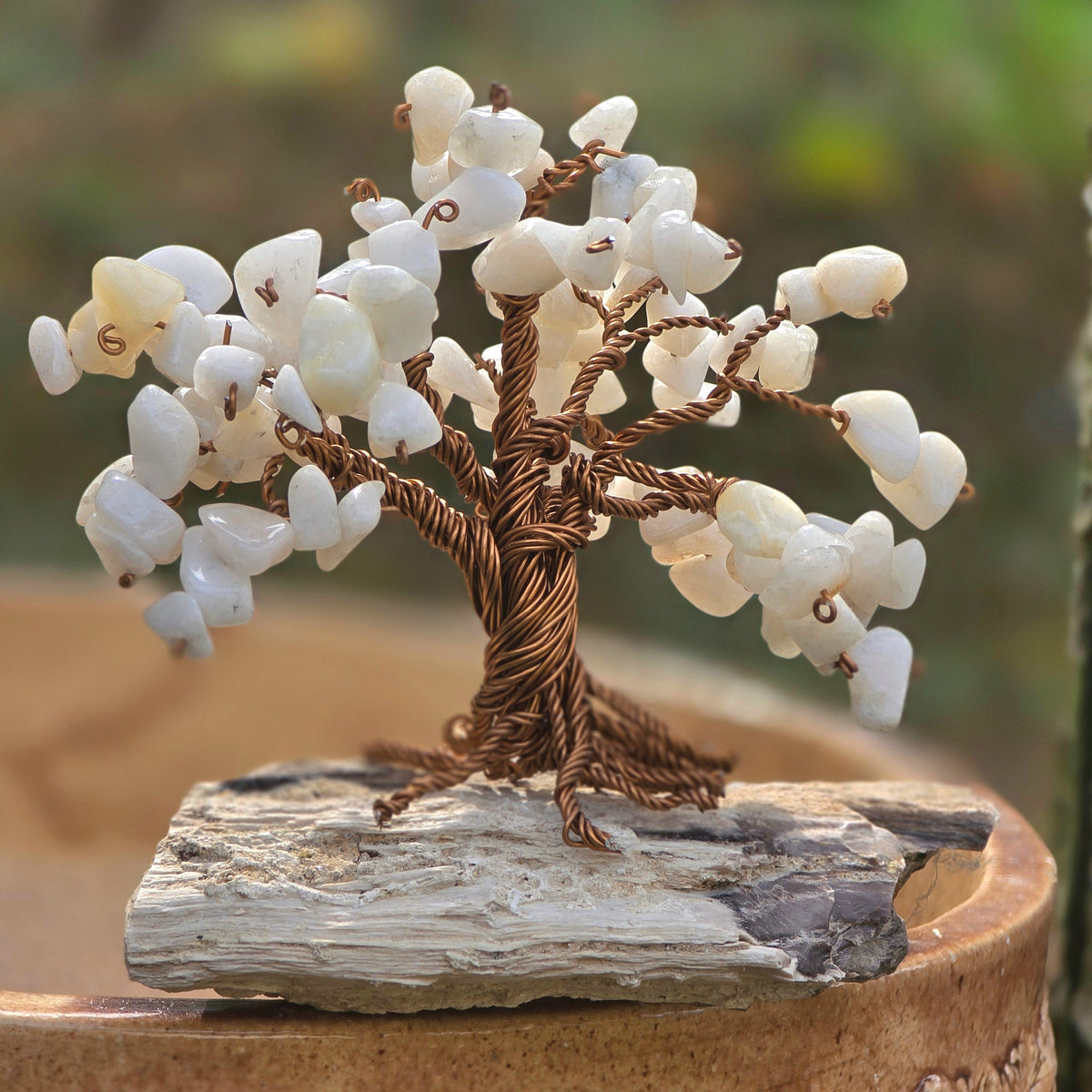 Petite white agate gemstone tree on natural Rhodope Mountain mineral base