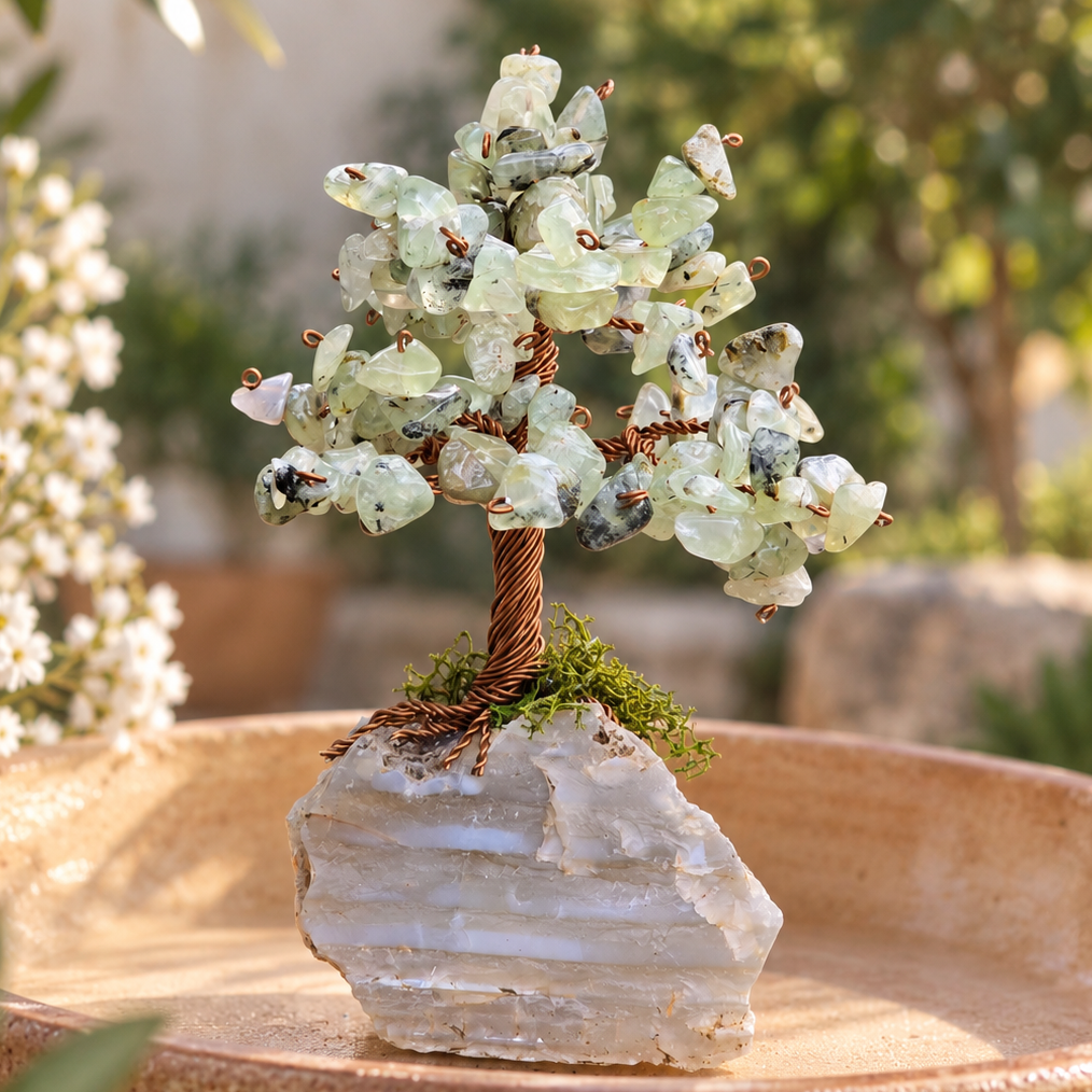 Prehnite with Epidote Crystal Tree of Life handmade by SIVONA
Handmade Prehnite and Epidote gemstone tree on natural stone base