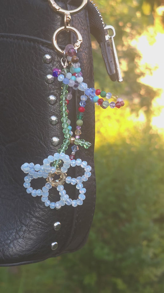 Luxury Crystal Flower Bag Charm with Moonstone, Tourmaline, Agate & Rose Quartz Handmade Gemstone Purse Charm Gift for Her