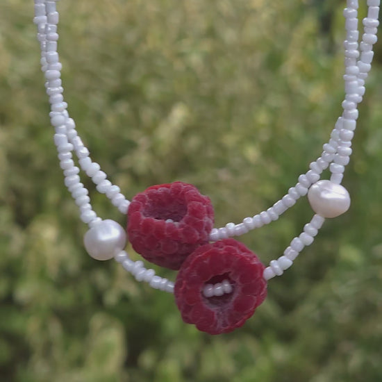 White pearl choker with realistic handmade raspberry