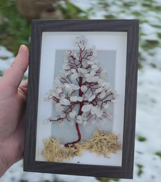 Handcrafted framed crystal fir tree detail showing clear quartz and wire branches

