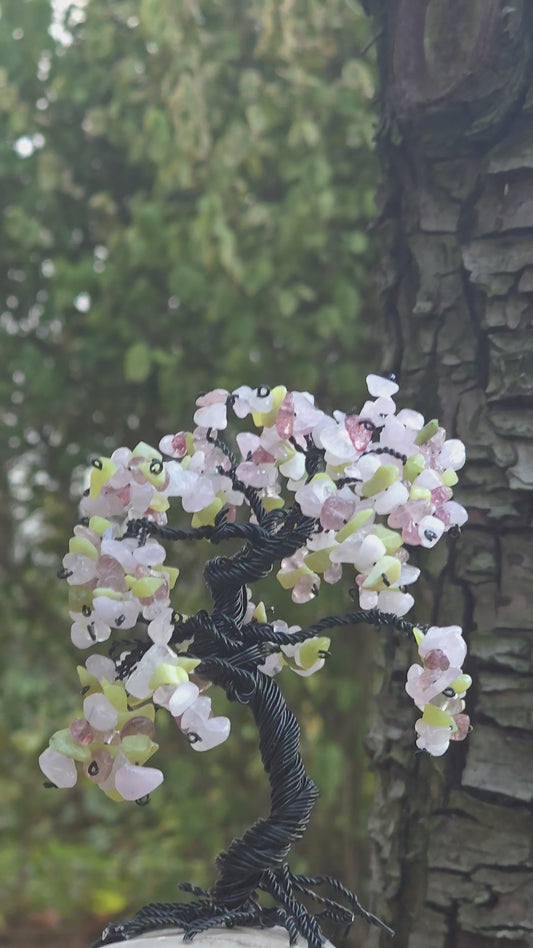 Handmade gemstone Tree of Life with Rose Quartz Strawberry Quartz and Unakite